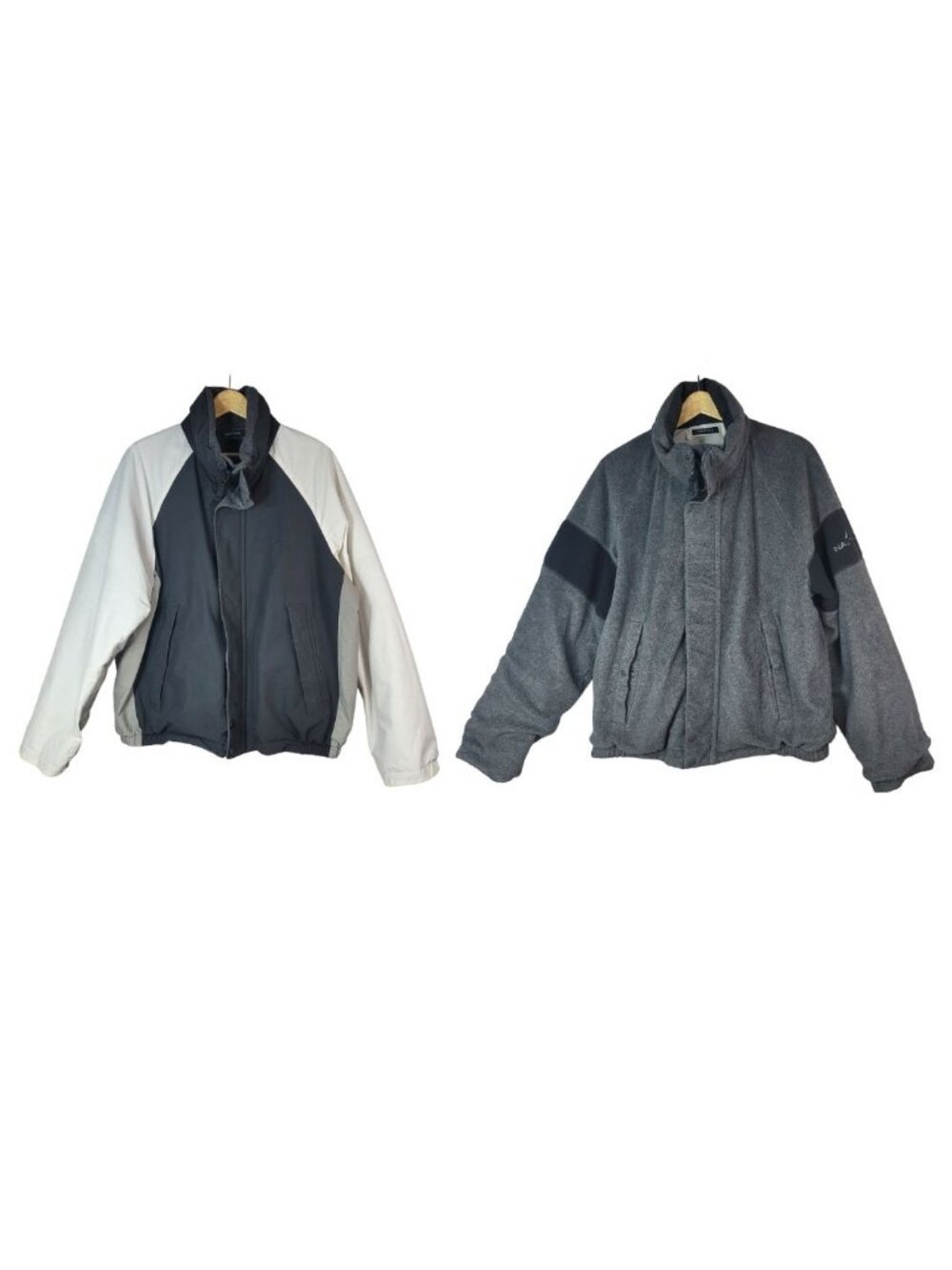 Nautica Mens Nylon Reversible Jacket Gray Large Zipper Snap Hood Pockets Fleece
